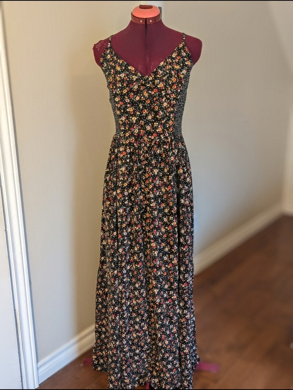 Angie Black Floral V-Neck Spaghetti-Strap Maxi Dress